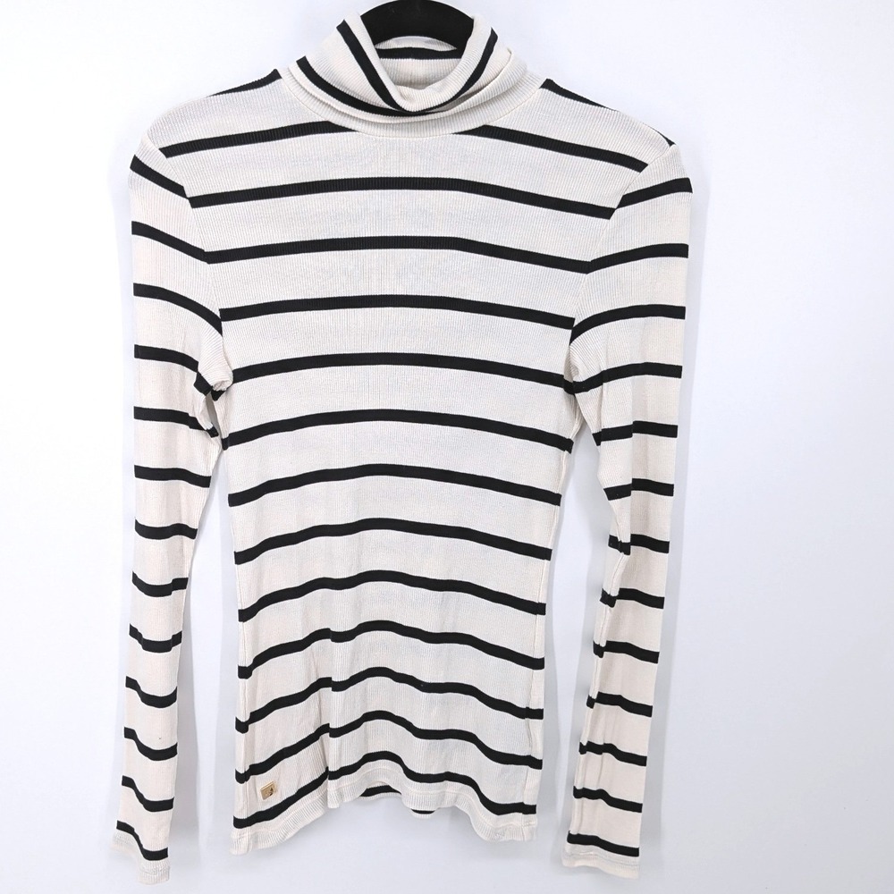 Lauren Ralph Lauren Turtleneck Women Petite Small White Black Striped Ribbed Top